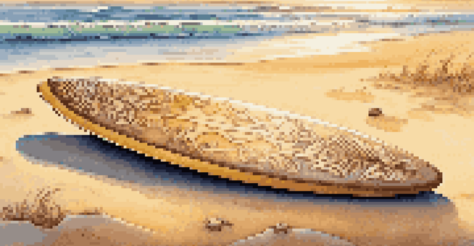 A colorful hemp surfboard on the beach at sunrise, surrounded by gentle waves and seashells.