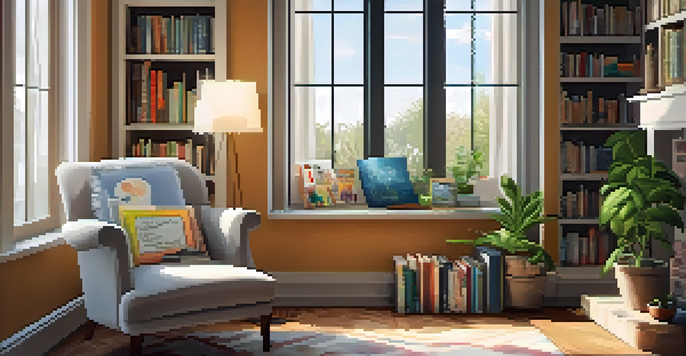 A cozy reading nook with a plush chair, a side table with tea, and colorful books, bathed in natural light from a window.