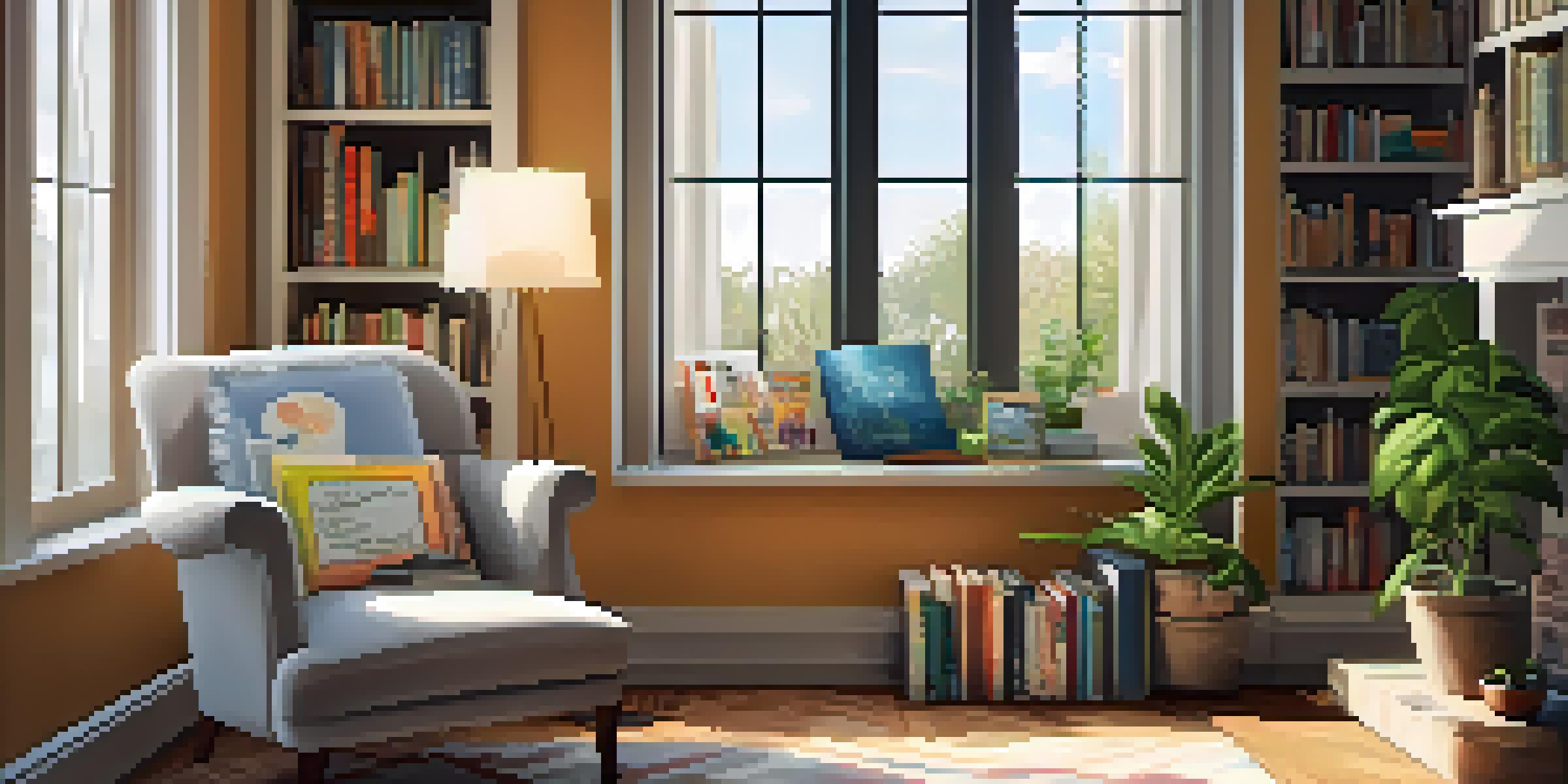 A cozy reading nook with a plush chair, a side table with tea, and colorful books, bathed in natural light from a window.