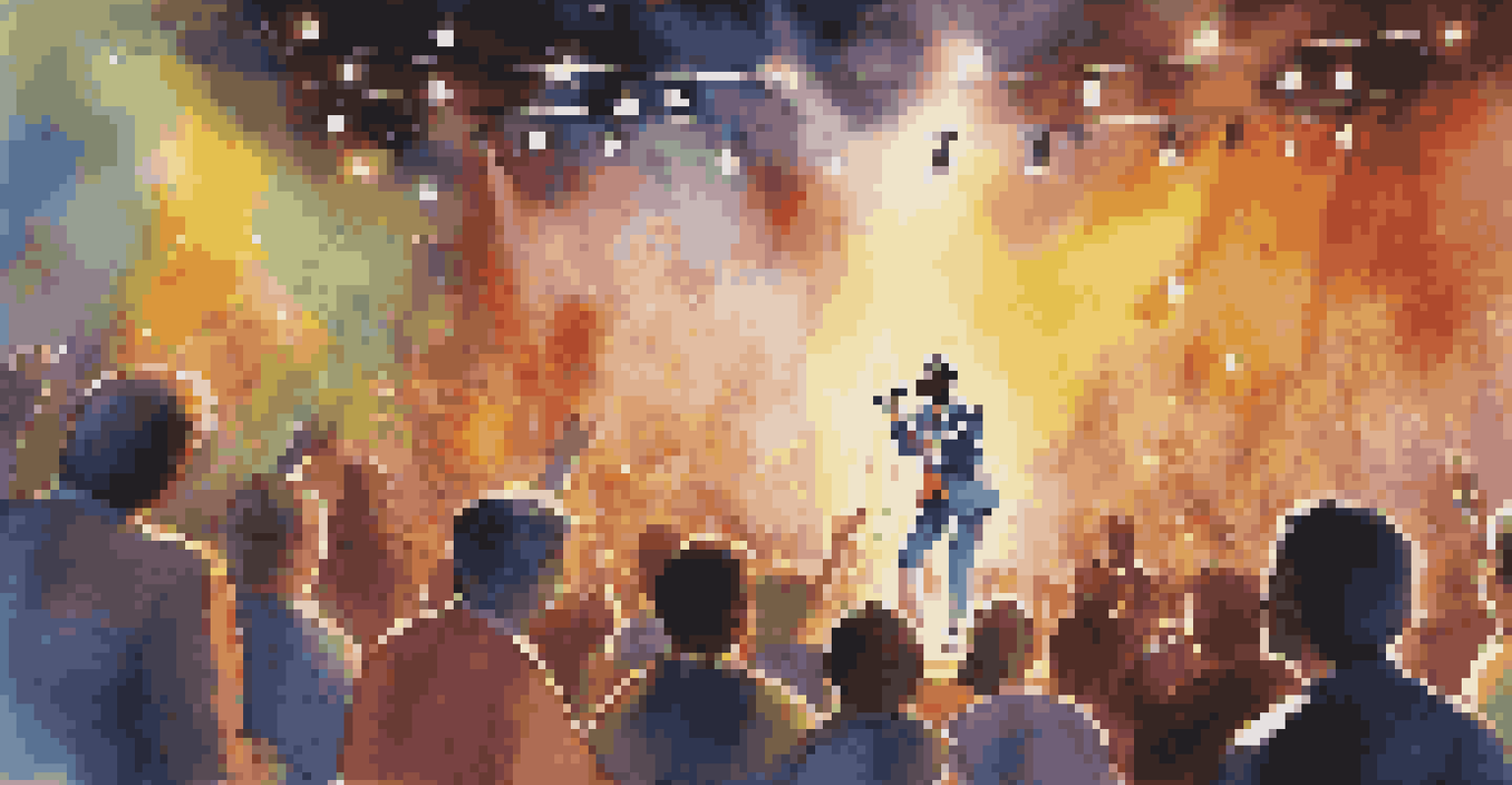 A singer performing on stage with a colorful costume, surrounded by captivated audience and vibrant lights, creating a lively music atmosphere.