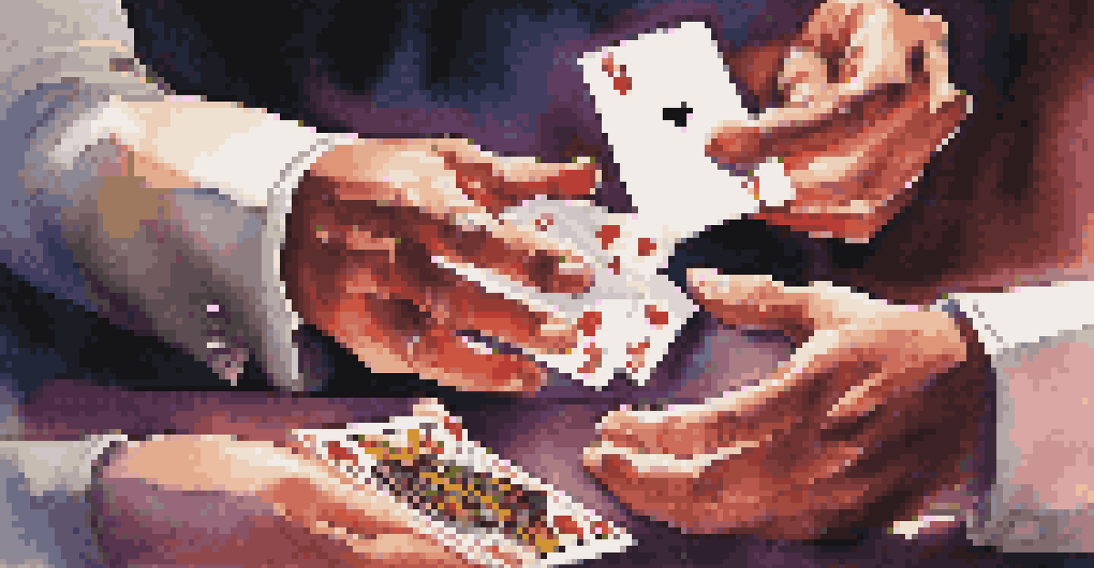 A close-up of a magician's hands fanning a colorful deck of cards, with a blurred audience in the background showing surprised expressions.
