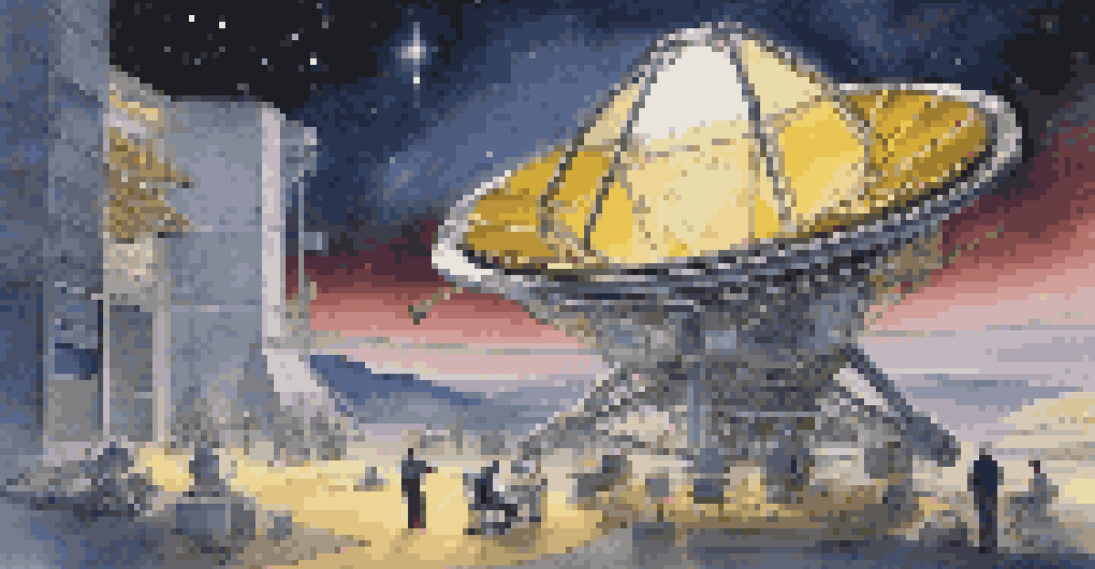 Scientists operating the James Webb Space Telescope, surrounded by technology and images of galaxies in a starry setting.