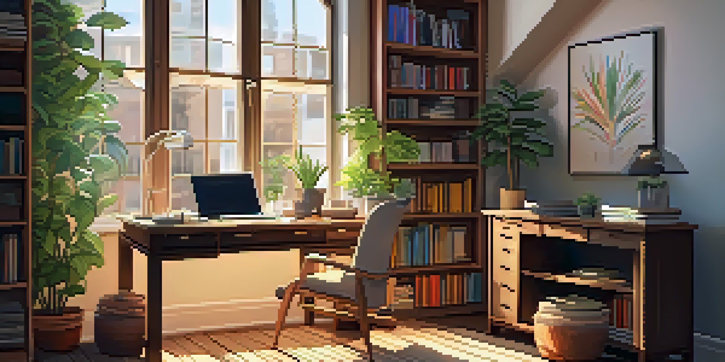 A warm and inviting home office with a wooden desk, laptop, notebooks, and a cup of coffee, illuminated by sunlight from a window.