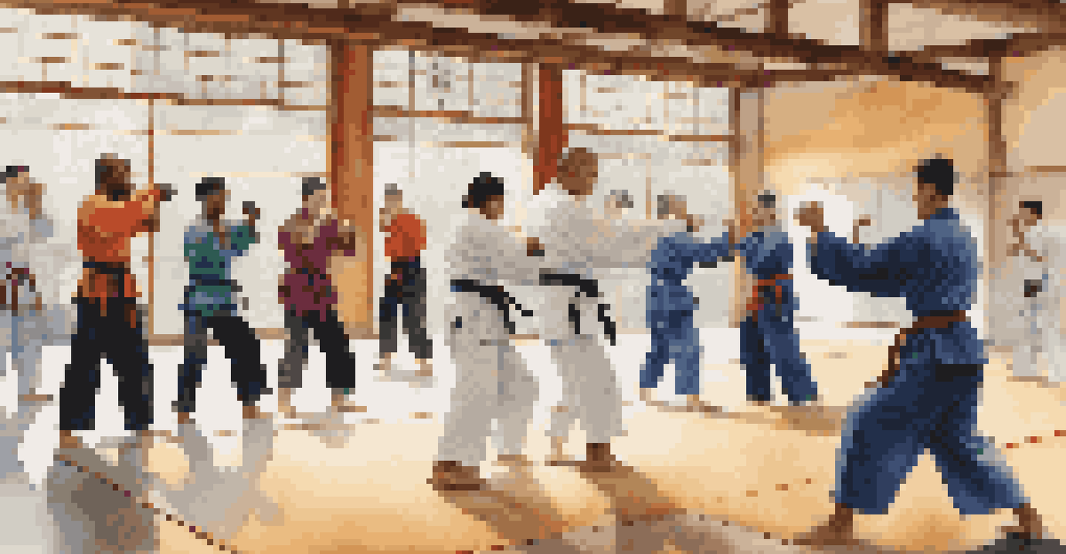 A diverse group of martial arts students sparring together in a supportive dojo setting.