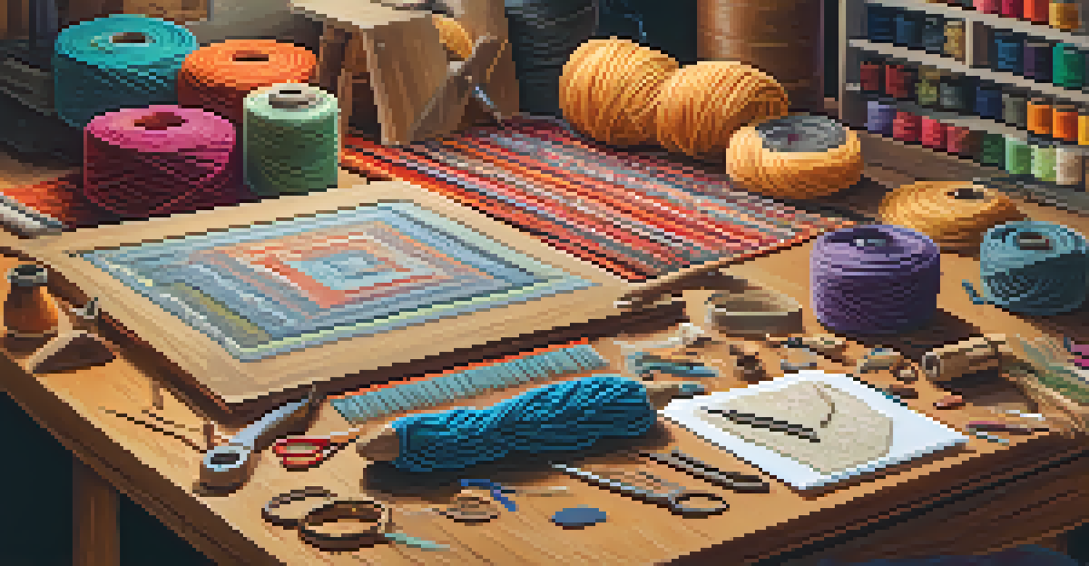 An artist's workspace with rug making tools and colorful yarns on a wooden table.
