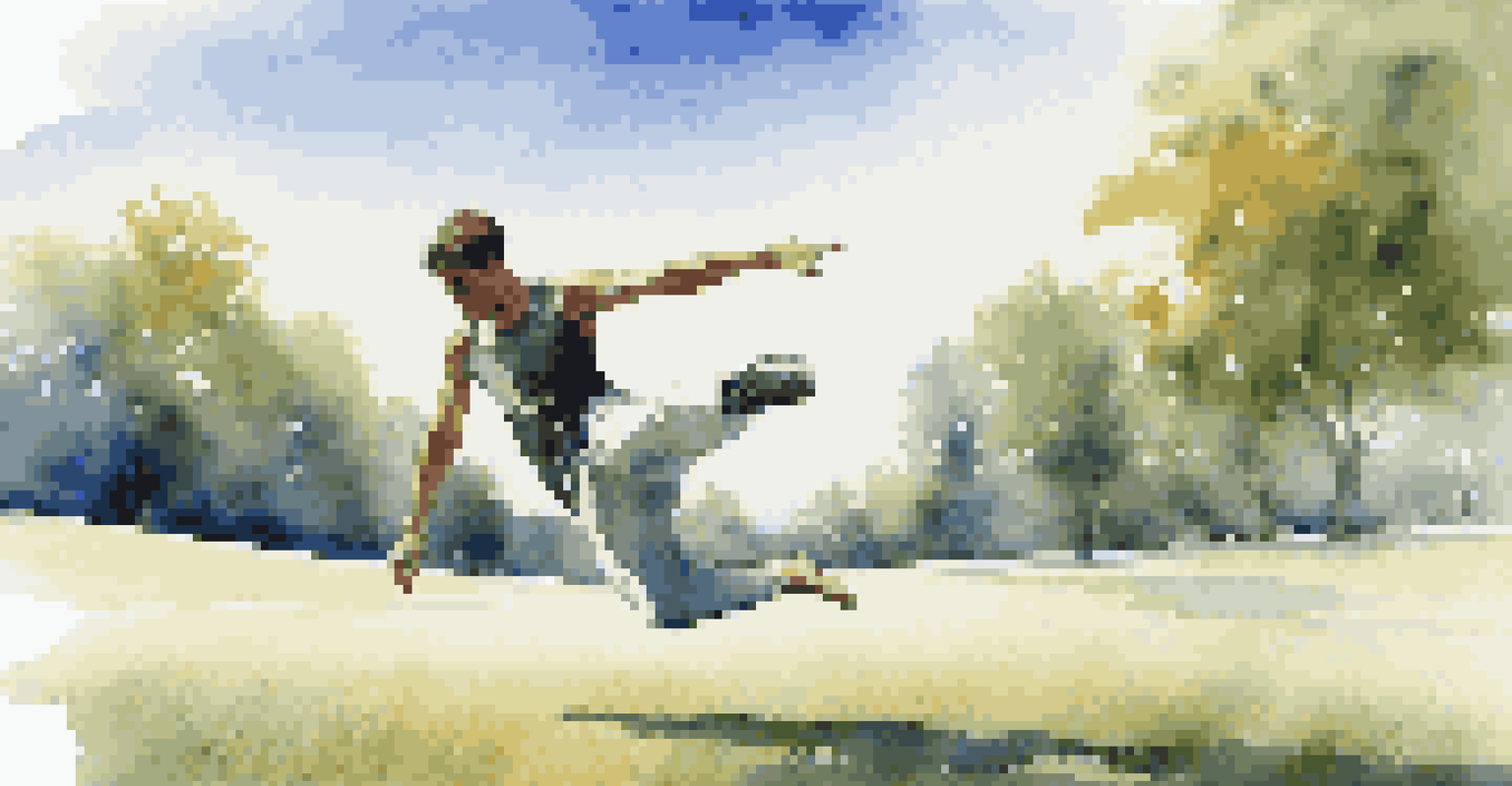 A parkour athlete executing a roll on a grassy field under a clear blue sky, with trees and playground in the background.