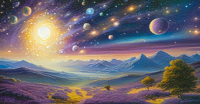 A peaceful celestial landscape with colorful lights and glowing orbs, set against a starry sky, evoking a sense of calm and exploration.