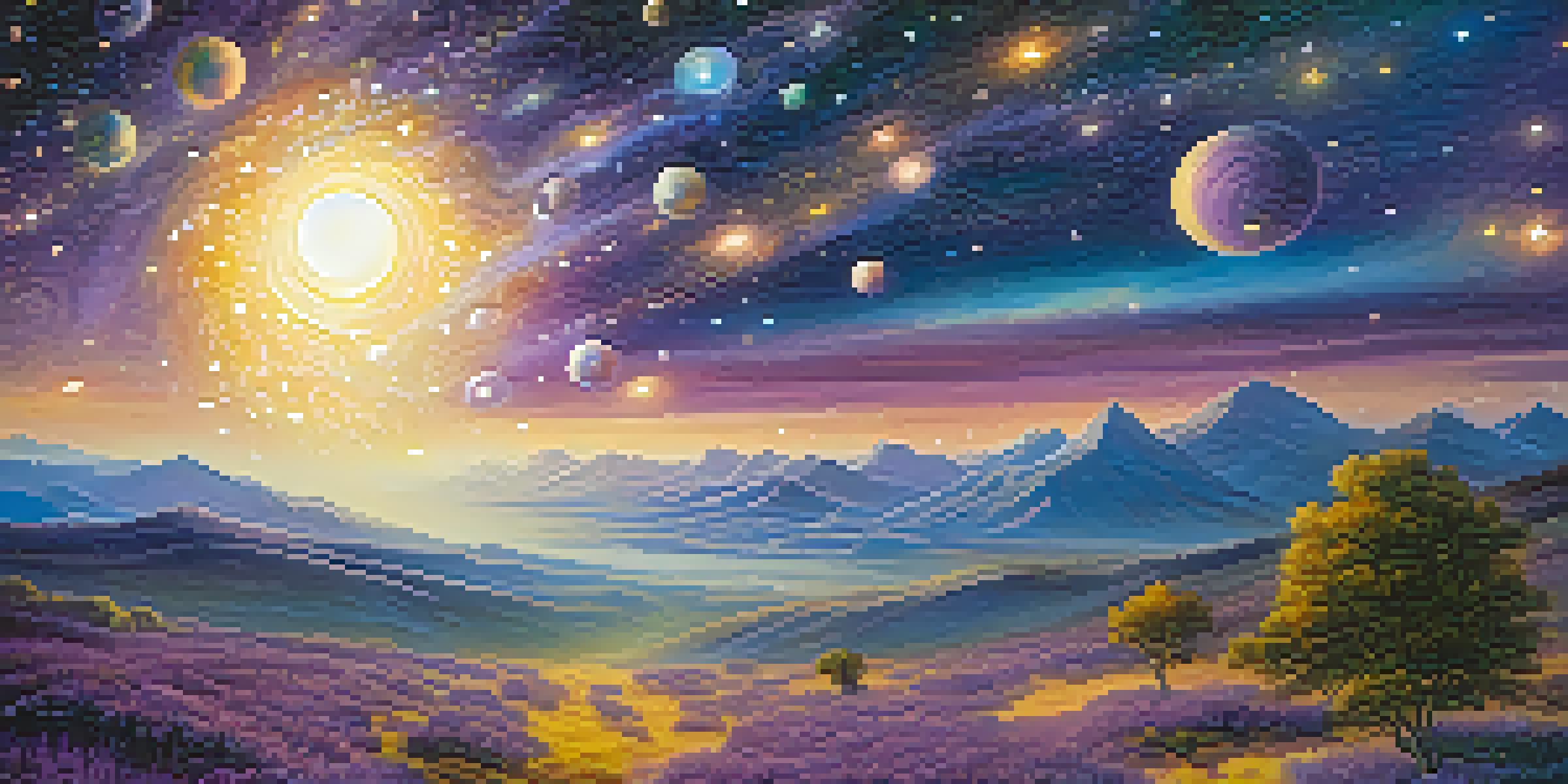 A peaceful celestial landscape with colorful lights and glowing orbs, set against a starry sky, evoking a sense of calm and exploration.