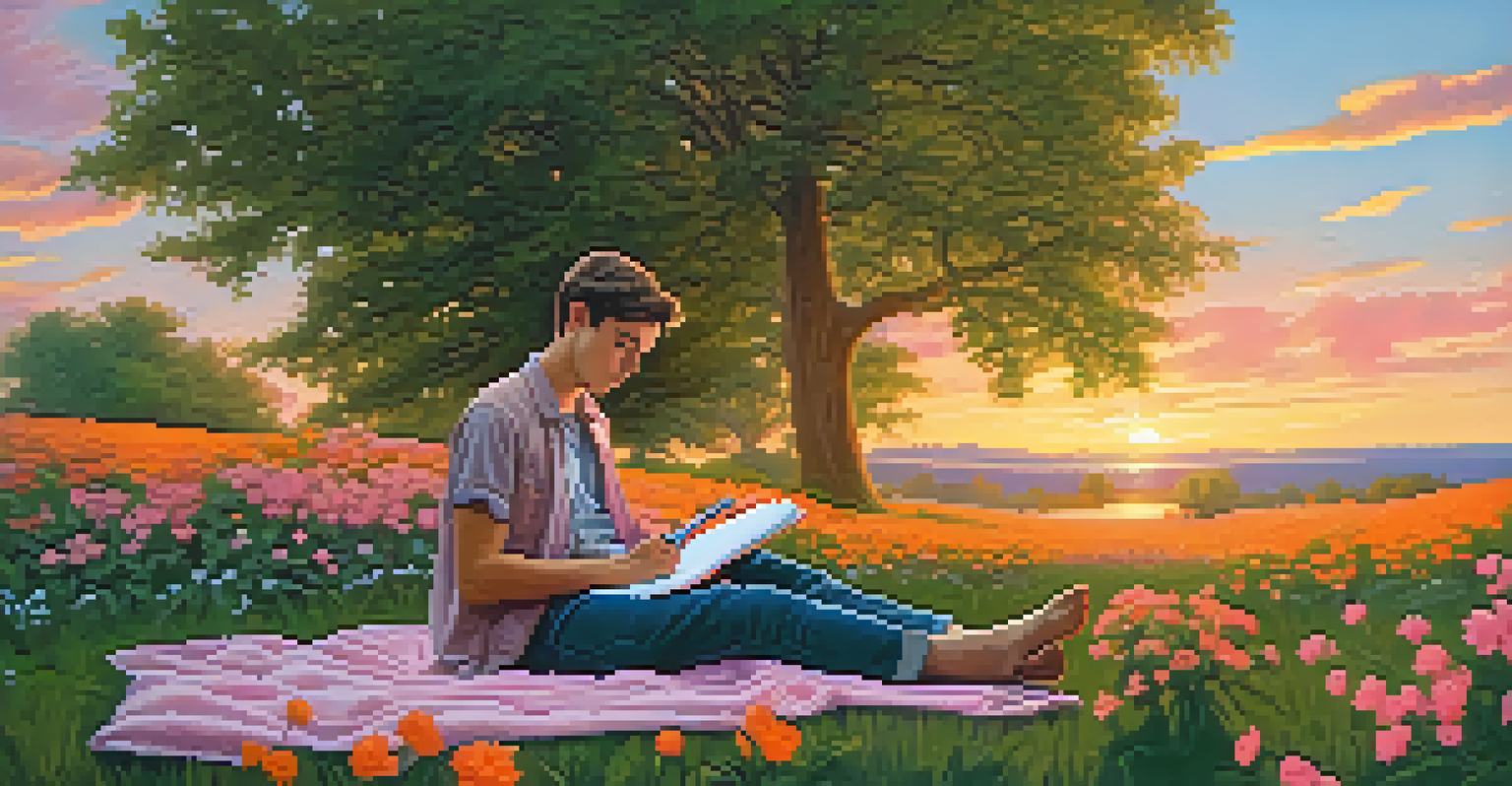 A young man writing on a blanket in a park during a beautiful sunset.