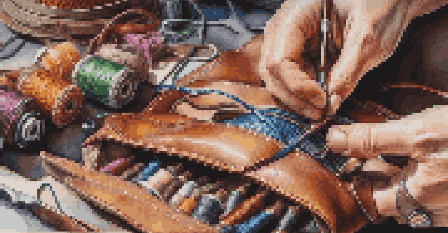 Close-up of hands stitching a leather bag, showcasing colorful threads and leather pieces in the background.