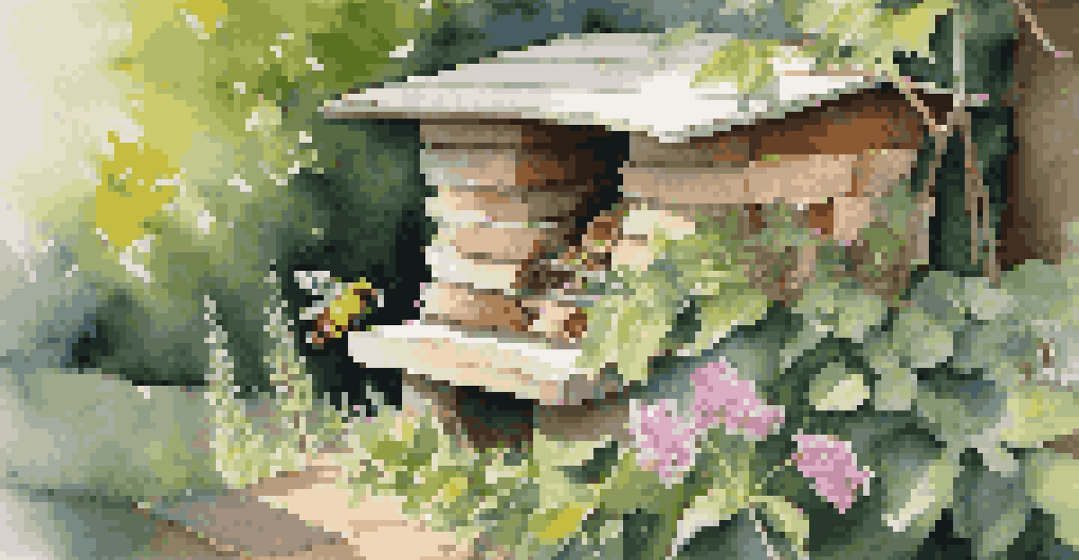A corner of a garden with a bee hotel surrounded by blooming flowers and greenery, illuminated by soft sunlight.