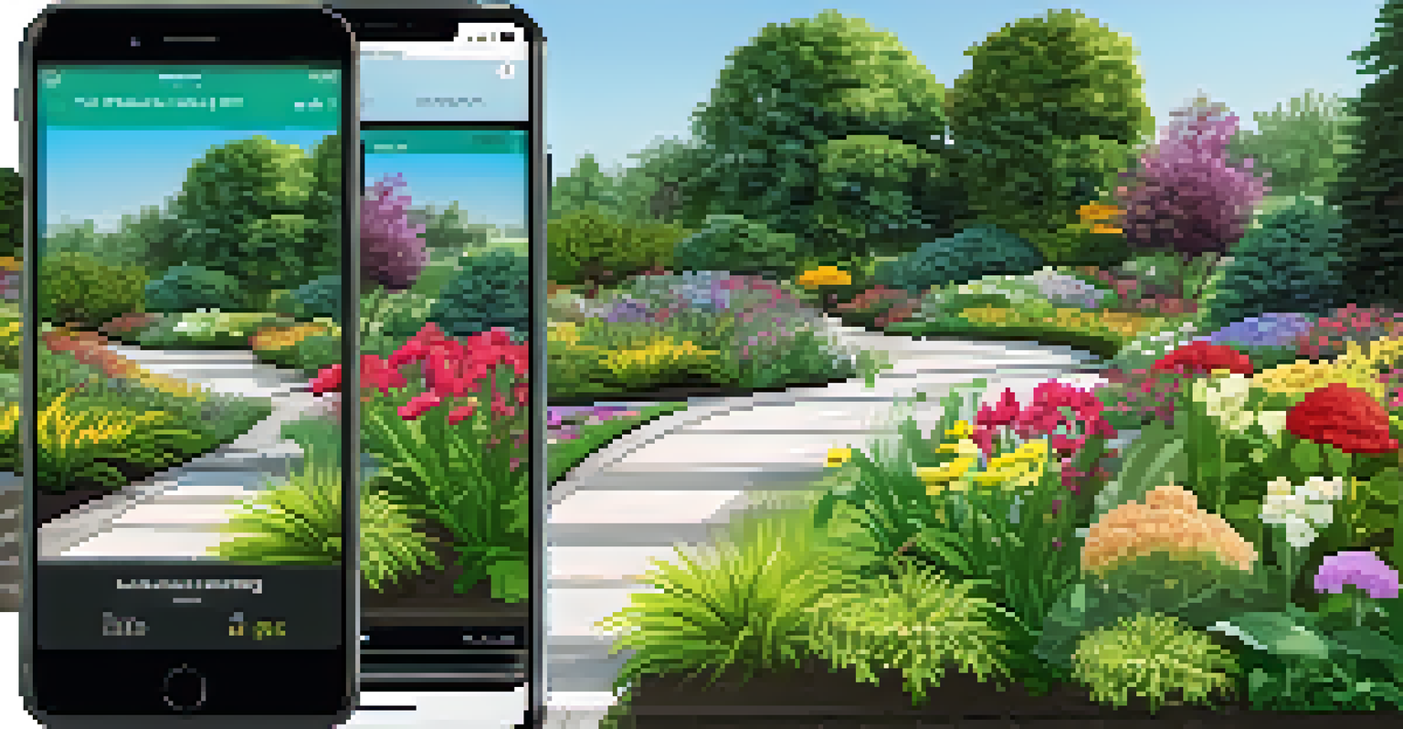 A vibrant smart garden with automated irrigation showing lush plants, alongside a smartphone app interface displaying plant care data.