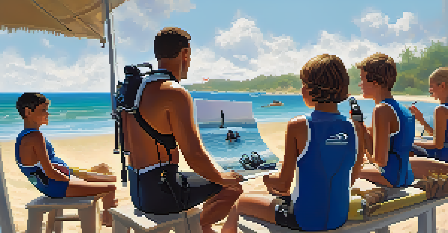 A scuba diving instructor providing a safety briefing to novice divers on a sandy beach, with the ocean in the background.
