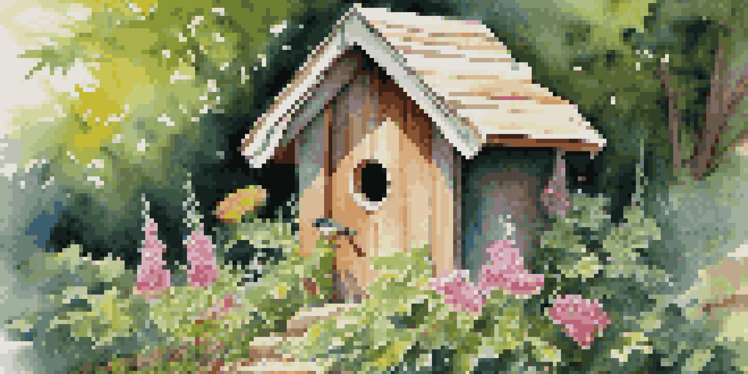 A wooden birdhouse in a green garden with flowers and sunlight filtering through leaves.
