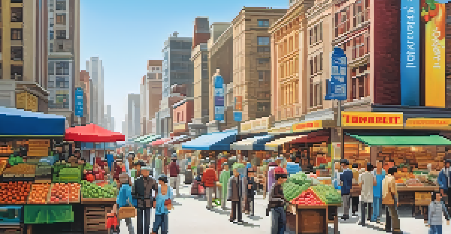 A lively city market scene in miniature, with people shopping and colorful stalls.