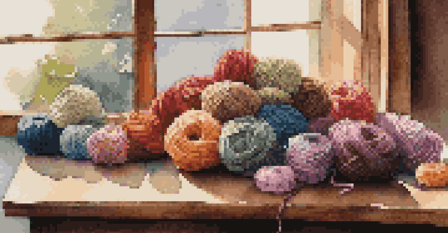 An artistic display of various yarn skeins in different weights and colors on a wooden table.