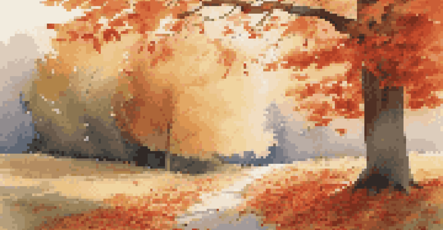 A colorful autumn tree with red and orange leaves, surrounded by fallen leaves, with a sunlit path in the blurred background.