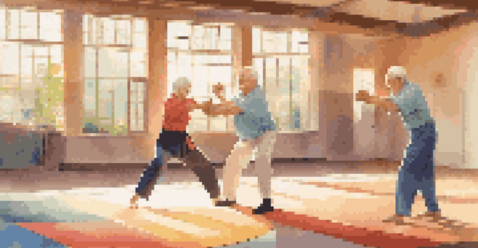A senior couple practicing self-defense techniques in a well-lit community center, with one demonstrating a defensive stance and the other observing.