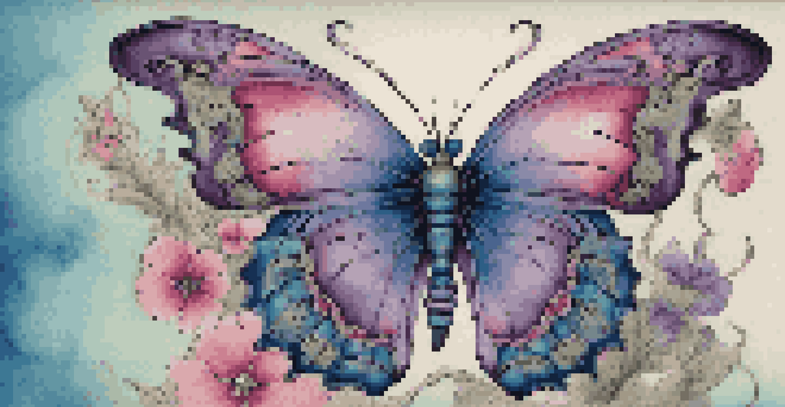 A tattoo design of a butterfly on a flower, showcasing intricate patterns and vibrant colors against a textured background.