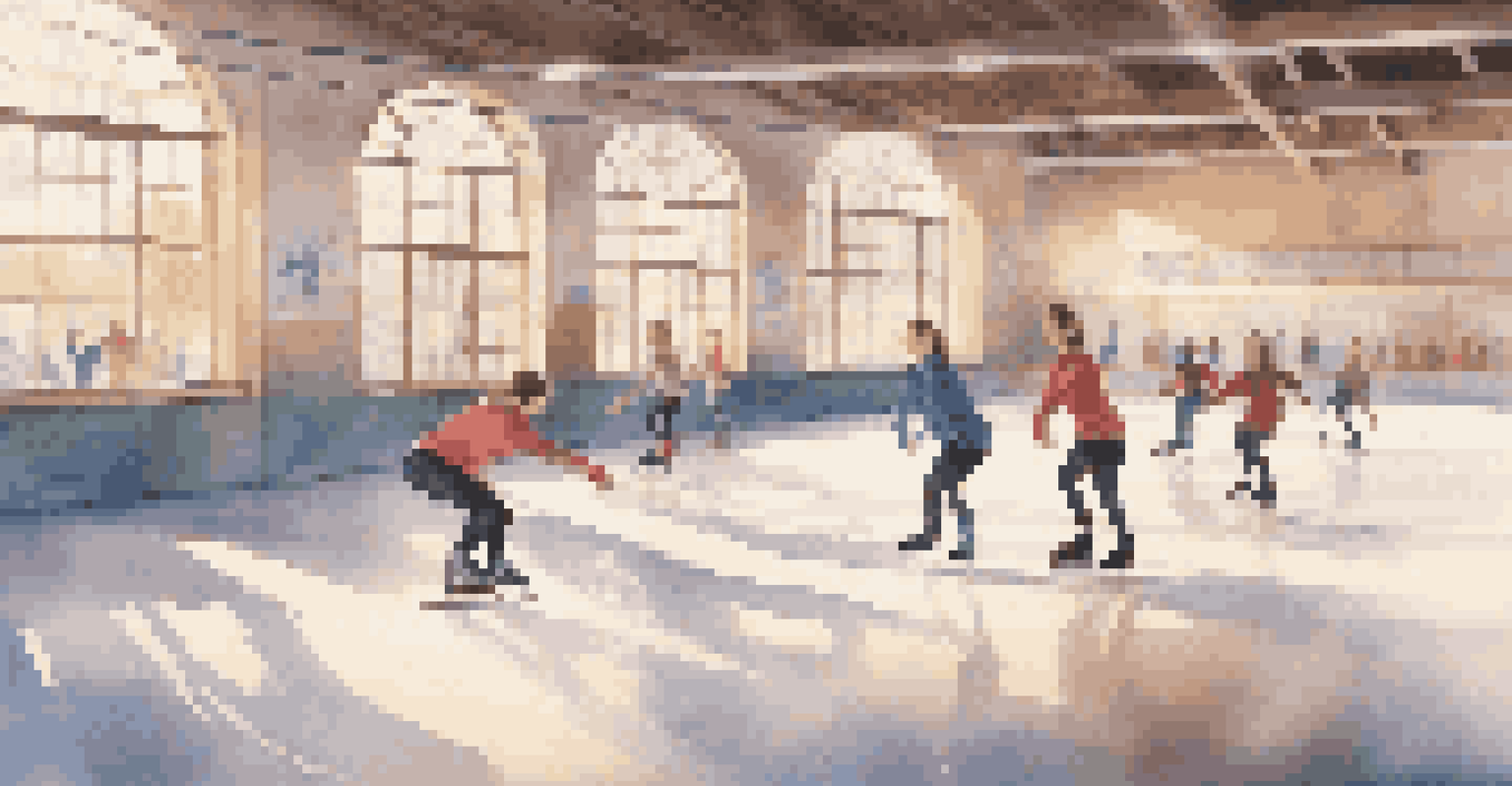 An indoor training area for ice skaters with skaters warming up, motivational posters on the walls, and natural light coming through windows.