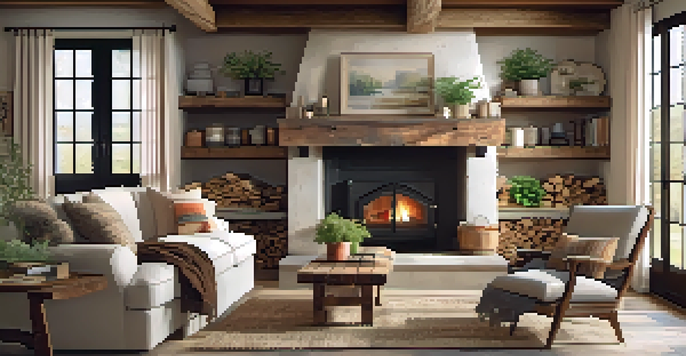 A rustic living room with wooden beams and a stone fireplace, decorated with vintage furniture and natural textiles, illuminated by soft sunlight.