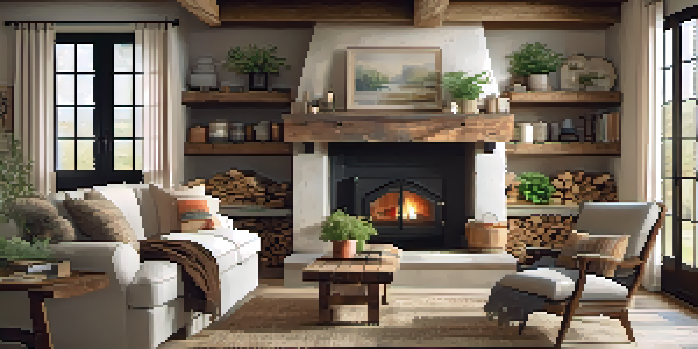 A rustic living room with wooden beams and a stone fireplace, decorated with vintage furniture and natural textiles, illuminated by soft sunlight.