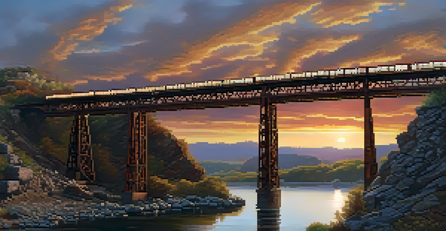 A metal truss bridge in an industrial model railroad scene with factories and a sunset.