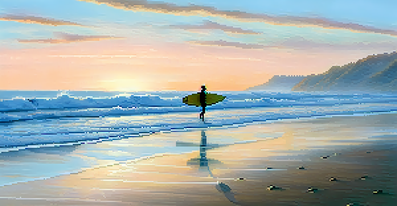 A peaceful dawn beach scene with a lone surfer walking along the shore, carrying a surfboard, and footprints in the sand.