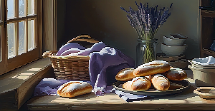 A cozy kitchen with a wooden table covered in flour, a bowl of dough, and freshly baked baguettes cooling nearby, illuminated by soft sunlight.