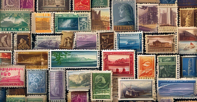 A close-up view of a stamp collection in an open album, featuring various colorful and intricate designs under warm lighting.