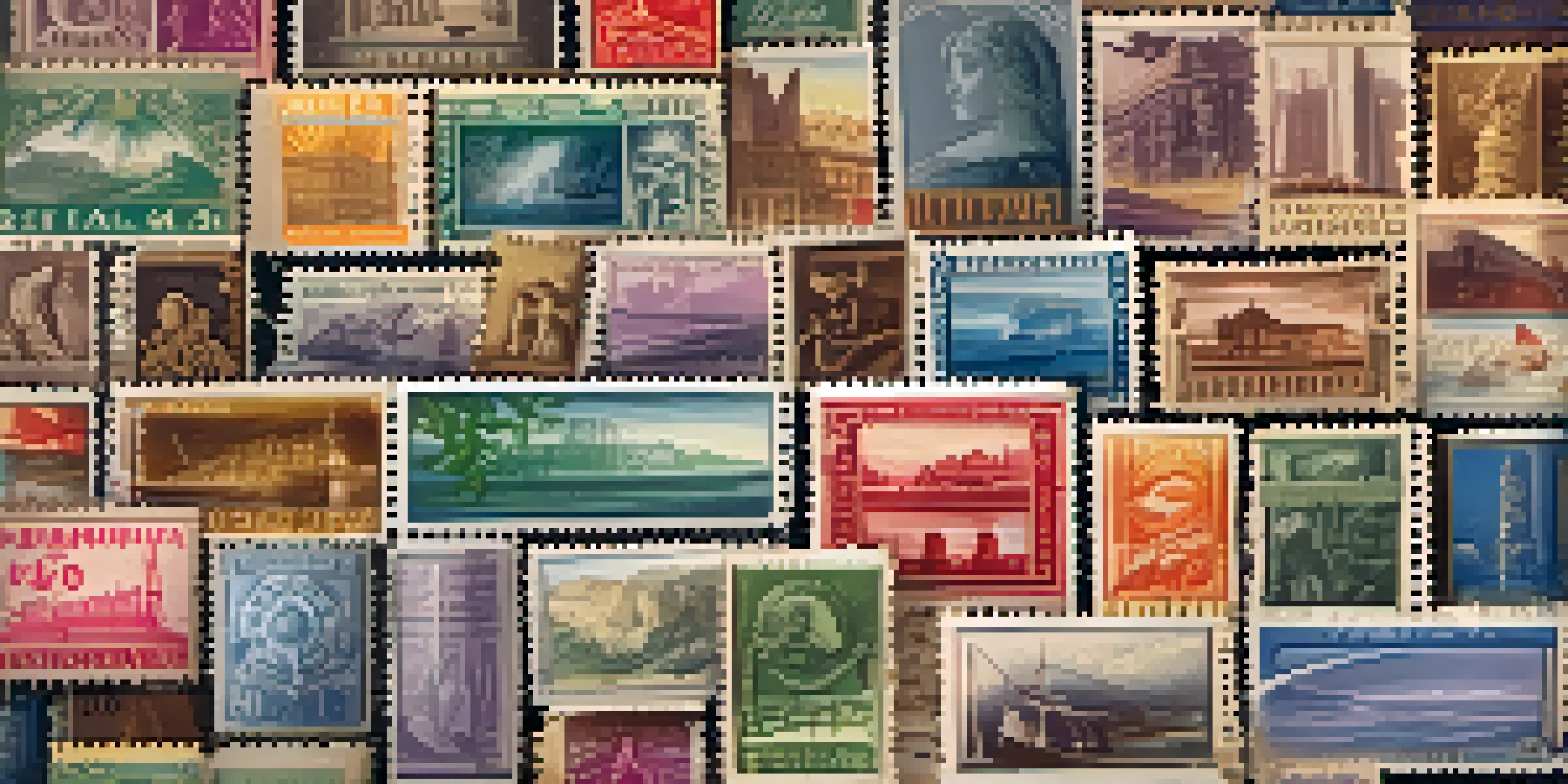 A close-up view of a stamp collection in an open album, featuring various colorful and intricate designs under warm lighting.