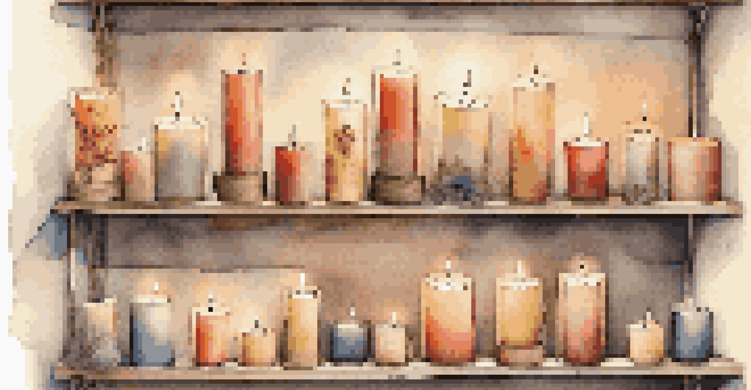 A shelf filled with artisanal candles of various shapes and colors, decorated with dried flowers and twine under warm lighting.