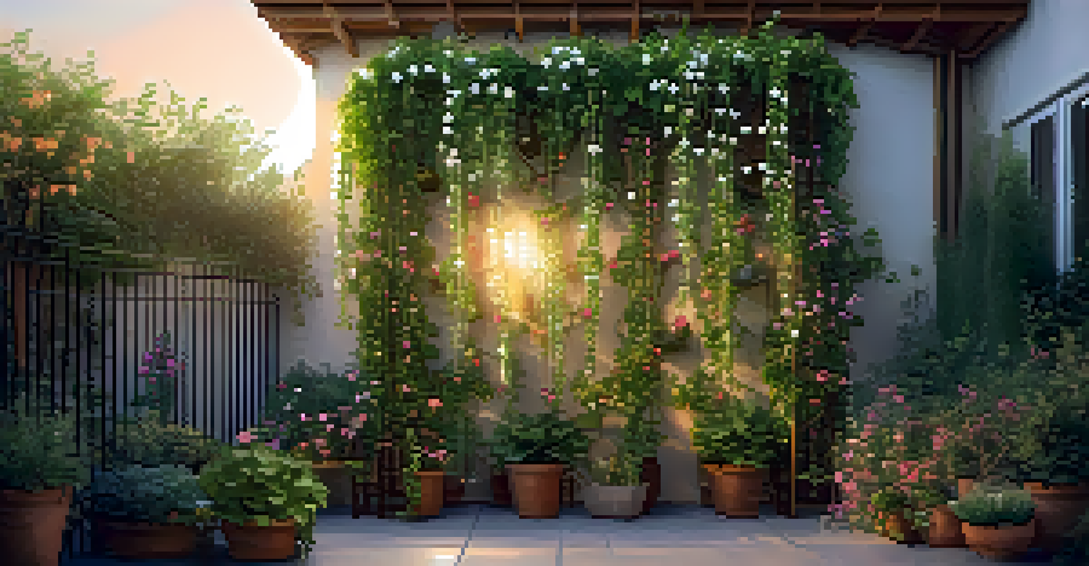 A creative vertical garden with climbing plants on a trellis, adorned with colorful hanging pots, all illuminated by warm golden hour sunlight.