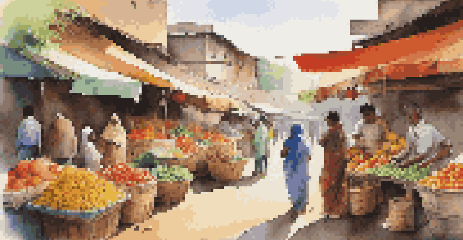 A vibrant local market with colorful stalls, shoppers, and a child reaching for a mango.
