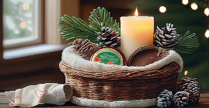 A gift basket filled with handmade items including a scarf, jam, and a candle, arranged with pinecones and evergreen branches in soft lighting.