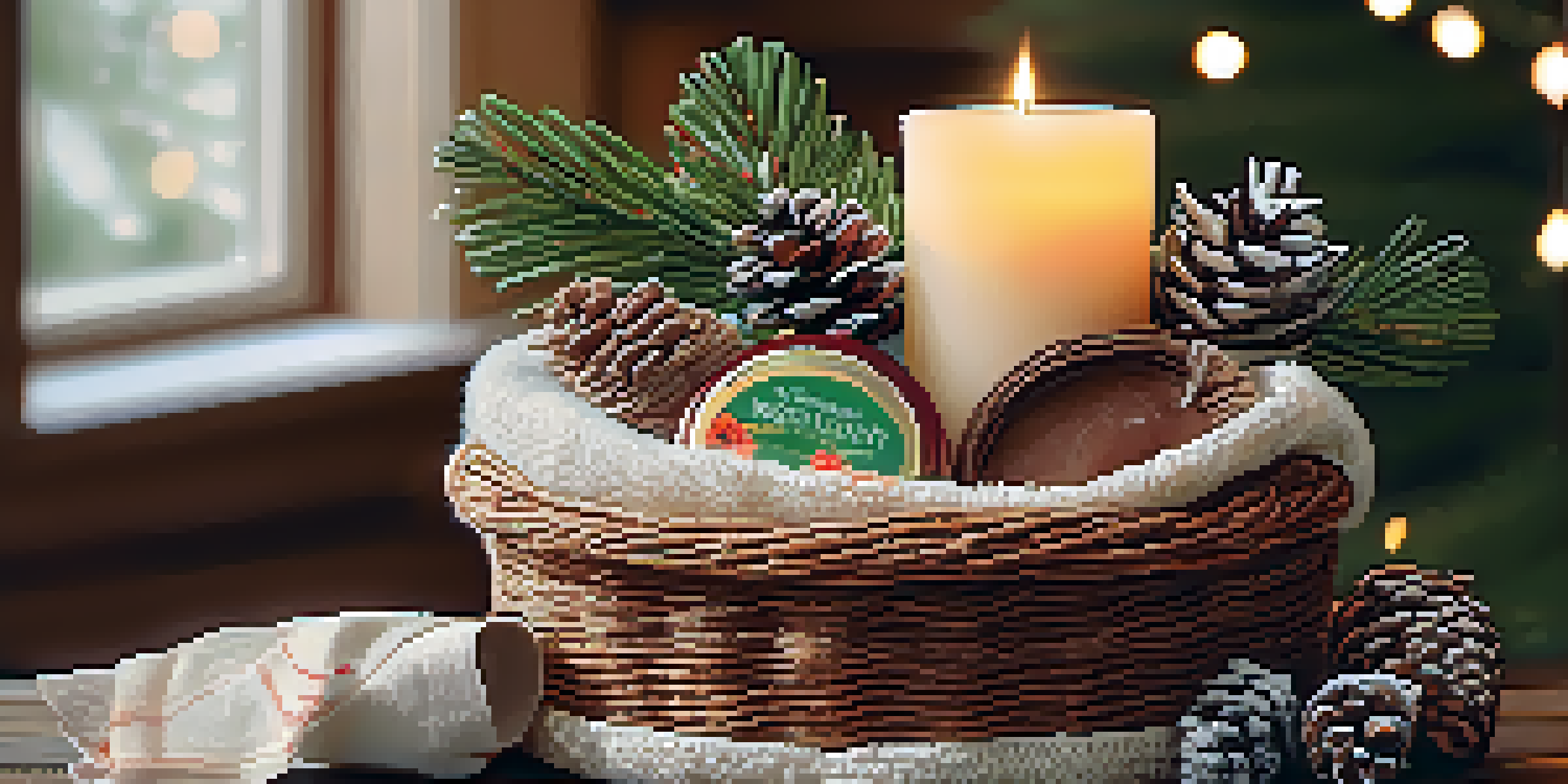 A gift basket filled with handmade items including a scarf, jam, and a candle, arranged with pinecones and evergreen branches in soft lighting.