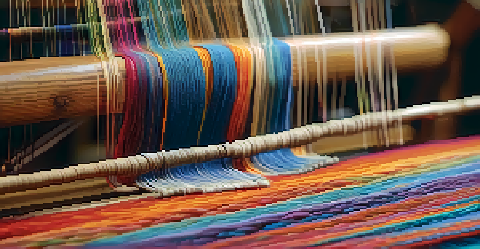 Close-up of hands weaving a rug on a loom with colorful yarn.