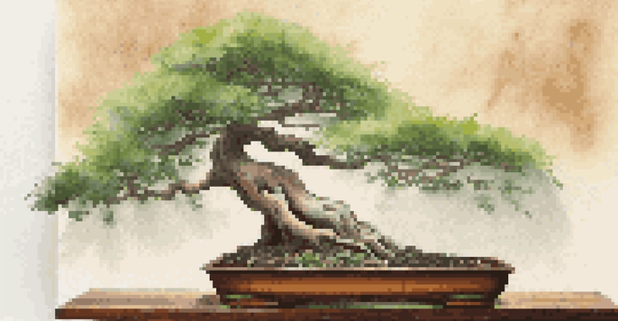 A beautiful bonsai tree on a wooden stand with green leaves and visible roots, illuminated by soft natural light.