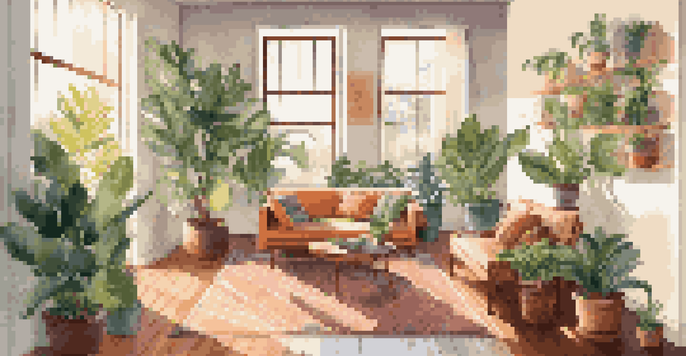 A cozy living room with different indoor plants basking in sunlight, showcasing a vibrant and inviting space.