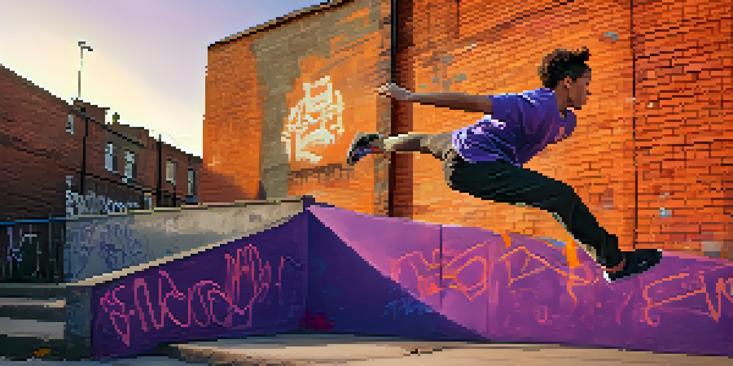 A young person performing parkour by jumping over a concrete barrier in an urban setting, with graffiti on the walls.