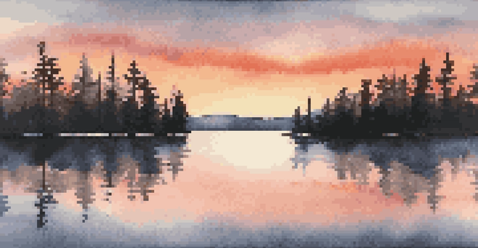 A beautiful sunset over a calm lake, with reflections of orange and pink hues, surrounded by silhouette trees.