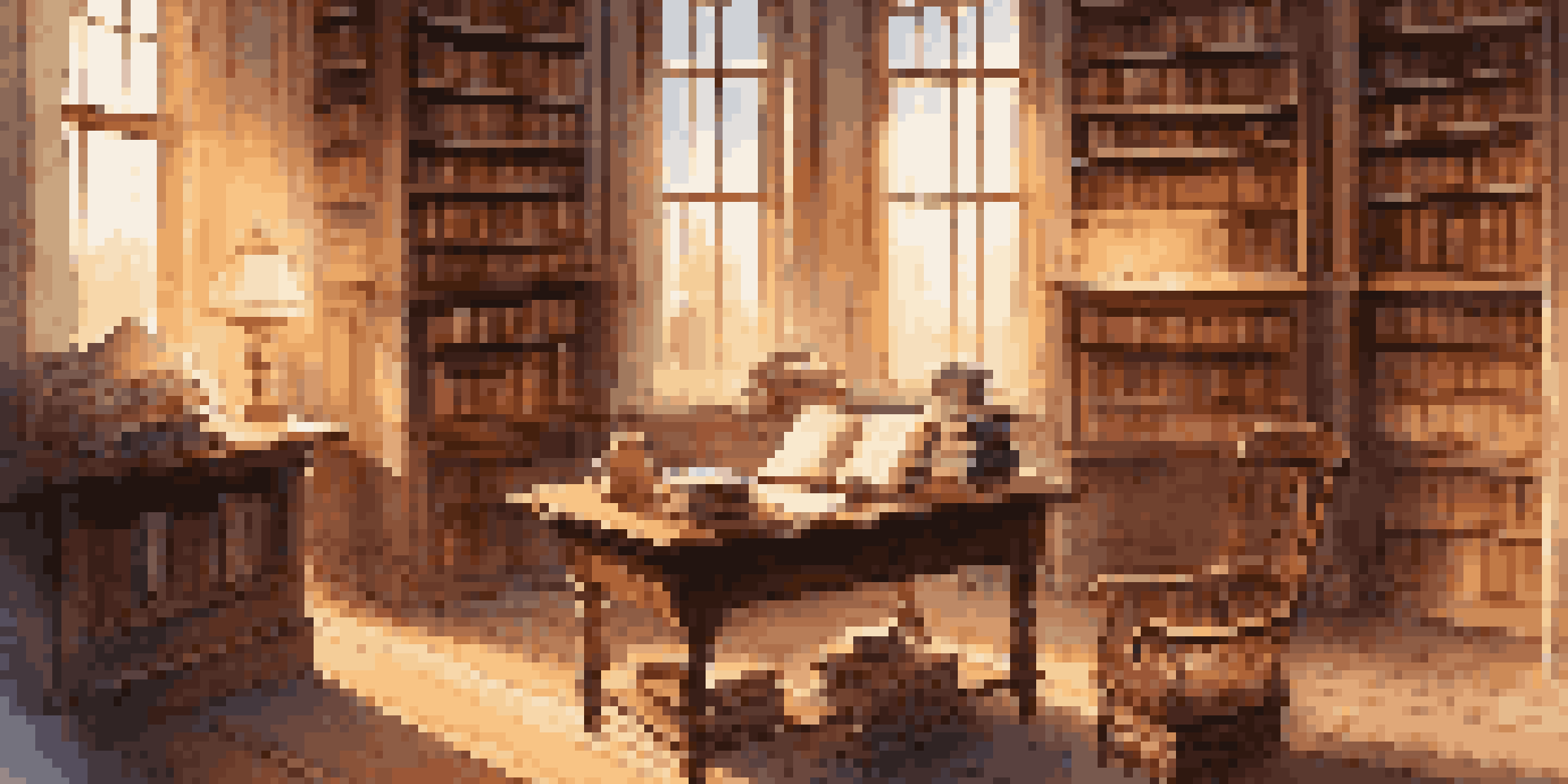 A warm and inviting library with antique books, a wooden desk, an open novel, and a steaming cup of tea, illuminated by sunlight from a large window.