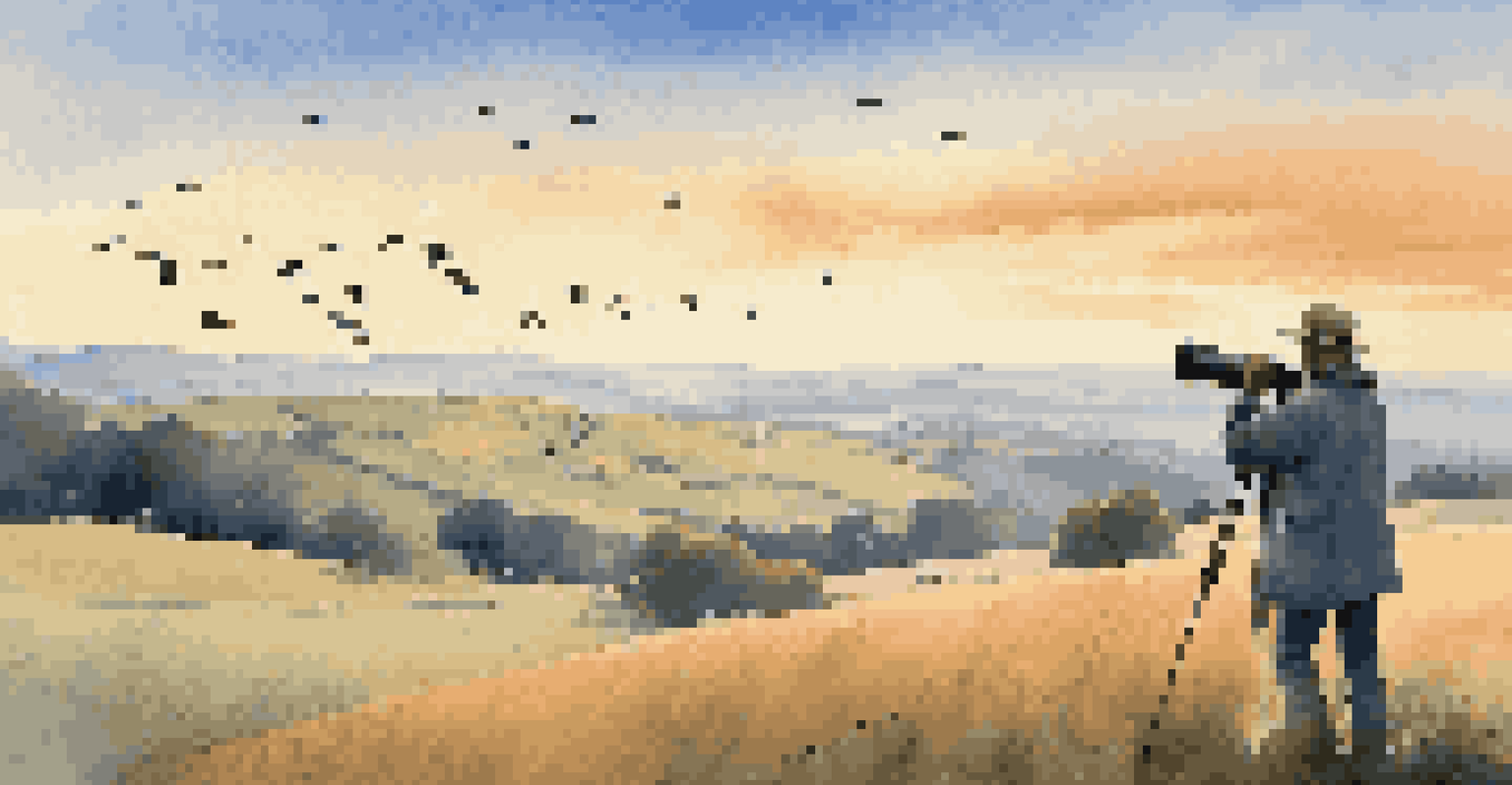 A birdwatcher on a hilltop using binoculars to observe birds in the sky during sunset.