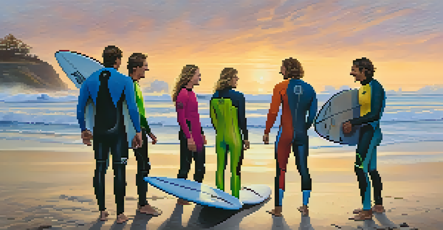 A group of surfers in colorful wetsuits sharing stories on a winter beach with waves and a sunset in the background.