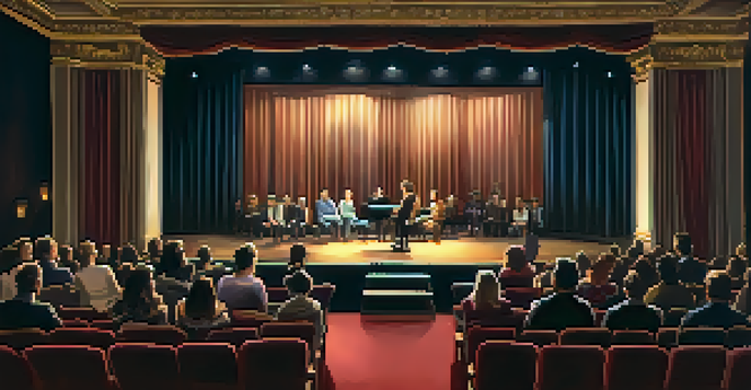 A warm-lit theater with an engaged audience watching a performance on a small stage.