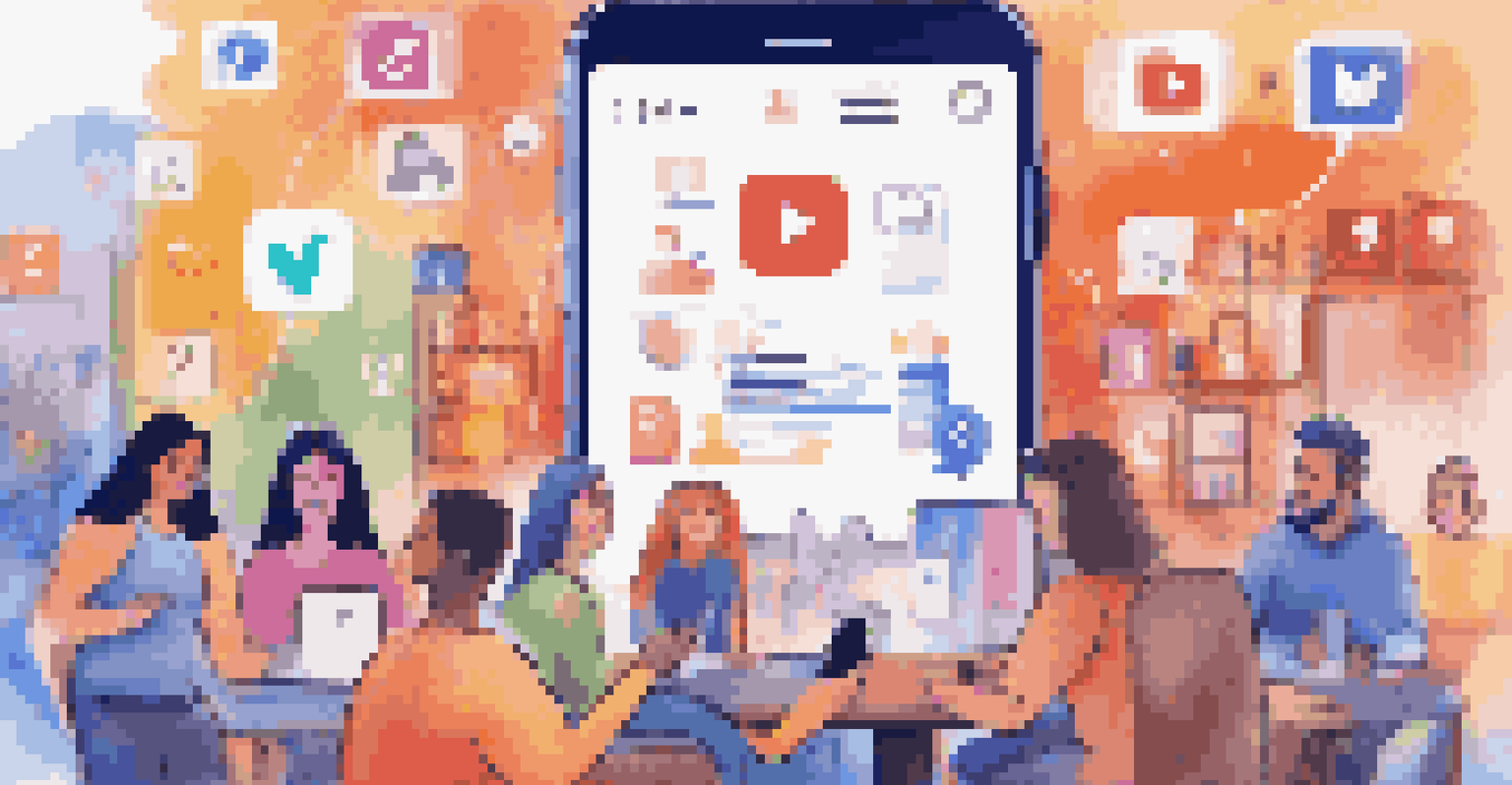 A smartphone showing a podcast episode amidst colorful social media icons in a cozy café setting, illustrating promotion and engagement.