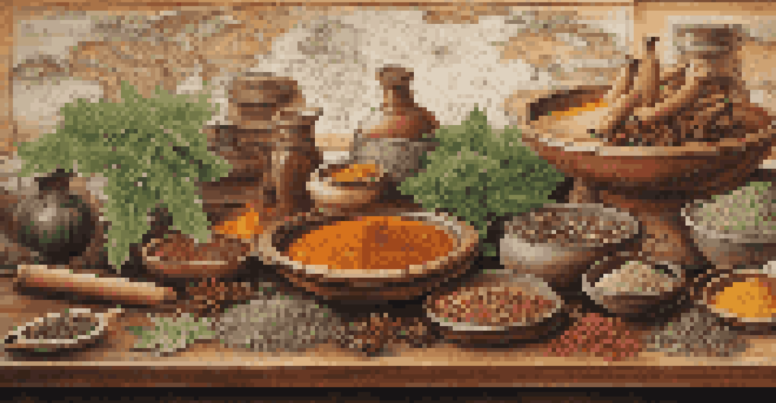 A wooden table showcasing a variety of colorful spices and herbs, with an ancient trade route map in the background.