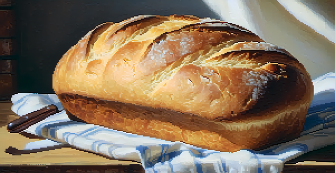 A close-up of a freshly baked loaf of no-knead bread on a wooden cutting board, with a butter knife and olive oil, illuminated by soft morning light.