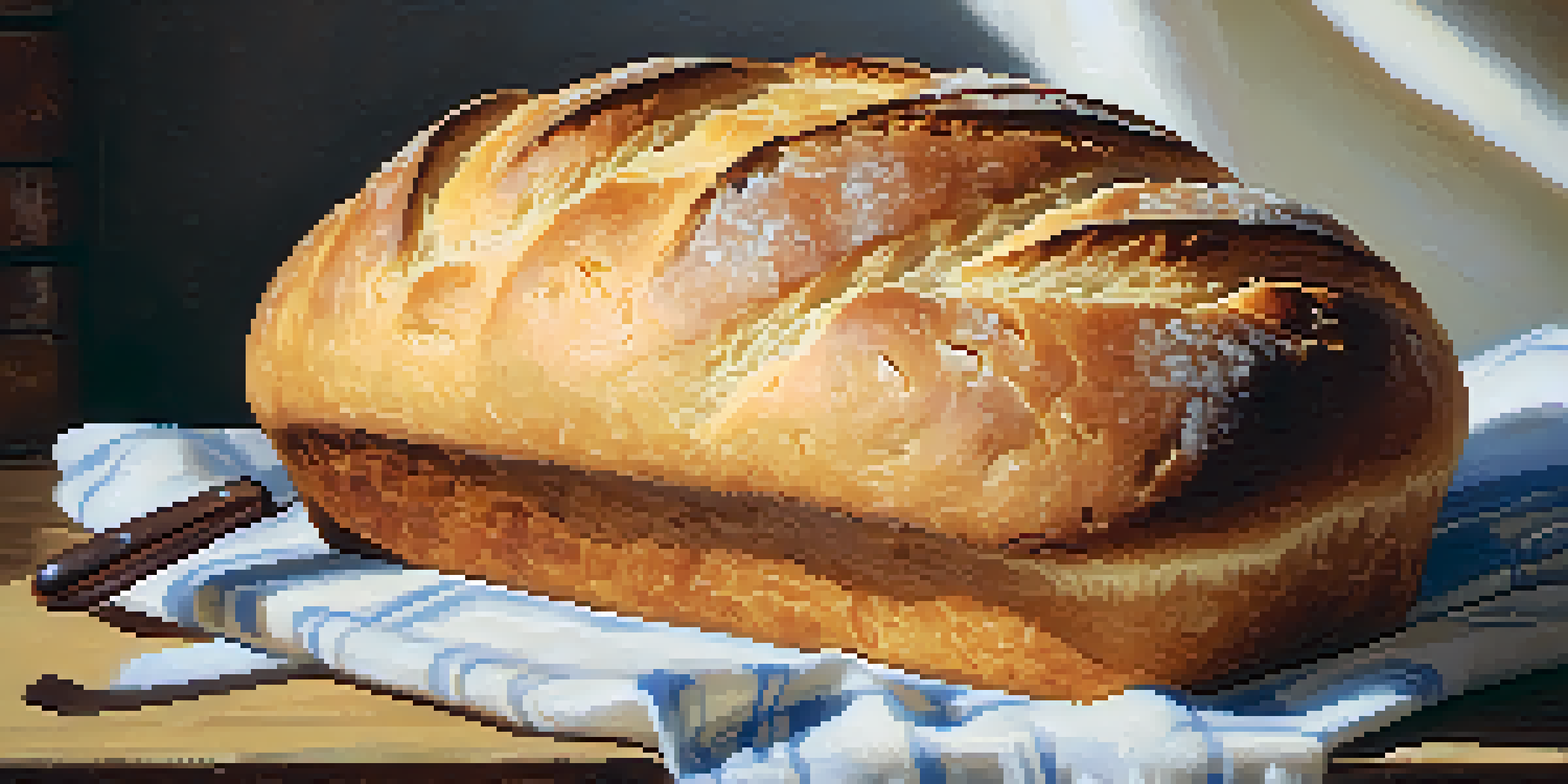 A close-up of a freshly baked loaf of no-knead bread on a wooden cutting board, with a butter knife and olive oil, illuminated by soft morning light.