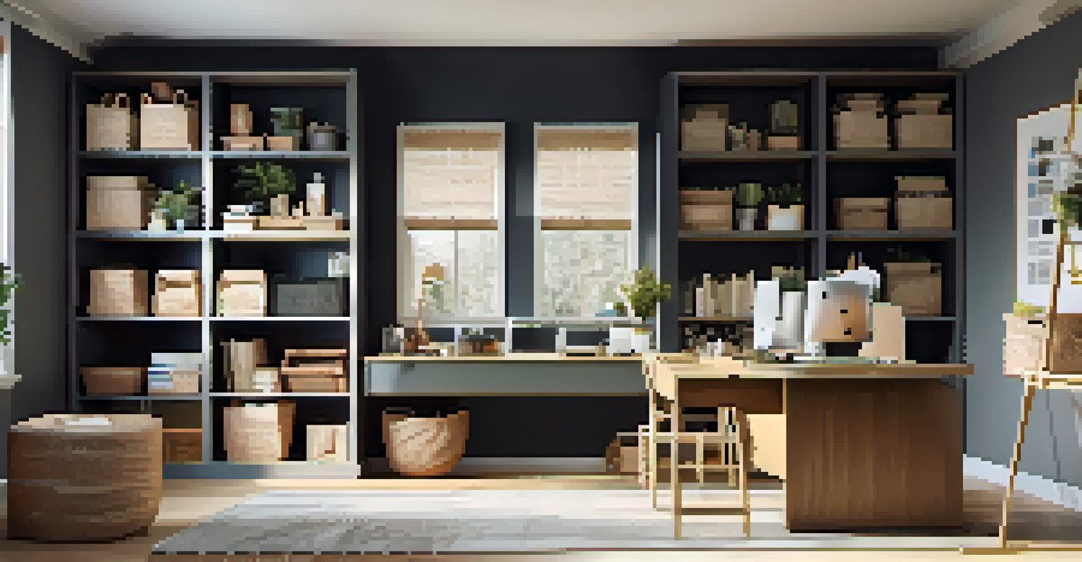 An organized home office with decorative storage and a DIY wall art piece, showcasing a clean and inspiring workspace.
